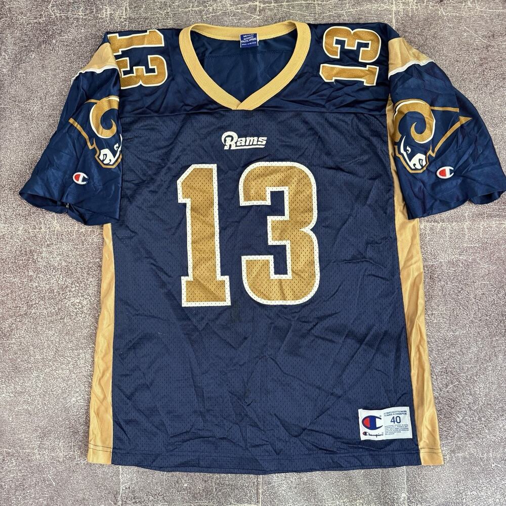 Men's Vintage Y2K Champion St Louis Rams Kurt Warner Home Blue Gold Jersey Sz M